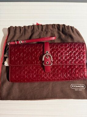 Coach Red Embossed Signature Leather Wristlet Clutch with Buckle